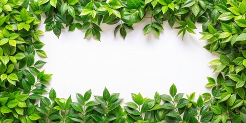 Fresh green leaves intricately arranged to form a decorative border frame on a clean white background, providing ample space for text or graphics overlay.
