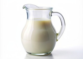 A clean and transparent glass jug filled with fresh white milk sits solo on a plain white background, highlighting its simplicity and purity.