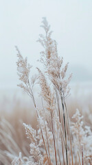 Fototapeta premium Frost covered plants on a foggy day, close-up. Winter nature and tranquility concept