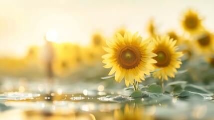 A beautiful close-up of sunflowers basking in golden sunlight, showcasing their vibrant petals and lush green leaves.