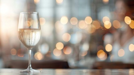 A beautiful glass of sparkling wine glistens in a softly lit atmosphere, perfect for celebrations and special moments.