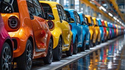 Fototapeta premium A row of colorful electric city cars on the factory floor, ready for final inspection