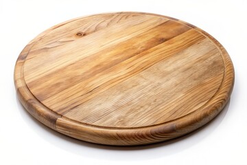 Rustic wooden pizza board with natural texture and subtle grain pattern lies isolated on a clean, crisp white background, awaiting culinary creations.
