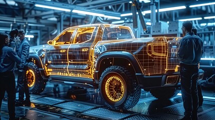 Naklejka premium A team of engineers huddled around a holographic projection of an electric pickup EV, discussing design,