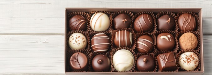 Obraz premium A beautifully arranged box of assorted chocolates, perfect for gifting or indulgence, featuring rich flavors and elegant designs.