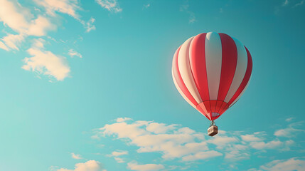 Fototapeta premium A hot air balloon in flight on a sky blue background.