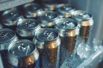 Aluminum cans of beer in mini fridge with ice close up