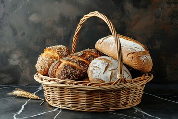 Assorted fresh bread in wicker basket on dark surface