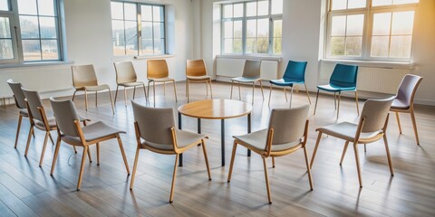 Empty chairs arranged in a circle, symbolizing unity and support, await participants in a group therapy session, conveying a sense of community and understanding.