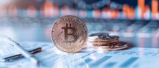 A close-up of a Bitcoin surrounded by coins and financial charts, symbolizing cryptocurrency and digital investment trends.