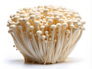 Delicate, long-stemmed Enoki mushroom with white caps and tender edges isolated on a pure white background, highlighting its healthy, organic, and natural beauty.