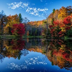 3. A serene lake reflecting the colorful foliage of surrounding trees, capturing the essence of fall in a peaceful, mirrored landscape