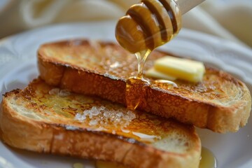 French toast served with butter and honey at breakfast
