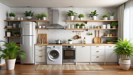 Modern Kitchen with Stainless Steel Appliances and Green Plants, 3D Rendering, White Tiles, Wooden Shelves, Kitchen Design , Interior Design , Home Decor