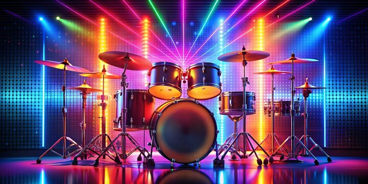 Vibrant digital drum set icon with flashing cymbals and pulsing drum pads, set against a bright, neon-lit background, evoking energetic rhythmic beats. - Powered by Adobe