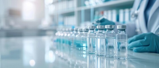 A close-up view of vials on a laboratory table, showcasing medical supplies in a sterile environment.