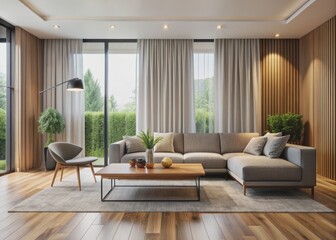 Fototapeta premium Minimalist blank space on a polished wooden table against a stylish modern living room backdrop with sleek sofas and floor-to-ceiling curtains.