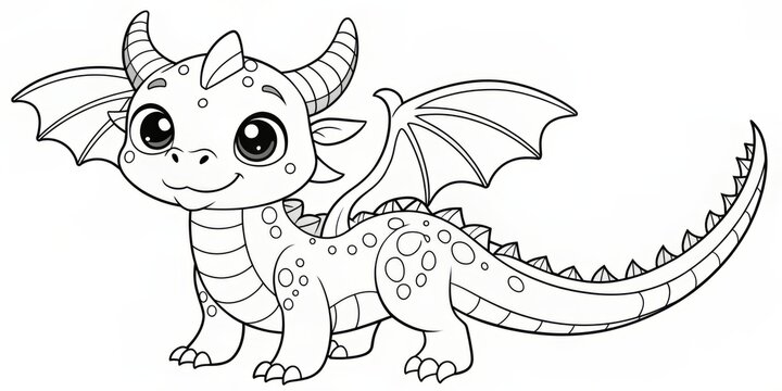 Adorable black and white dragon coloring page features thick lines, isolated white space, and kawaii style, perfect for kids and adults to express their creativity freely.