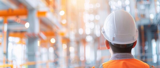 A construction worker in a hard hat observes the site, highlighting safety and progress in a modern building environment.