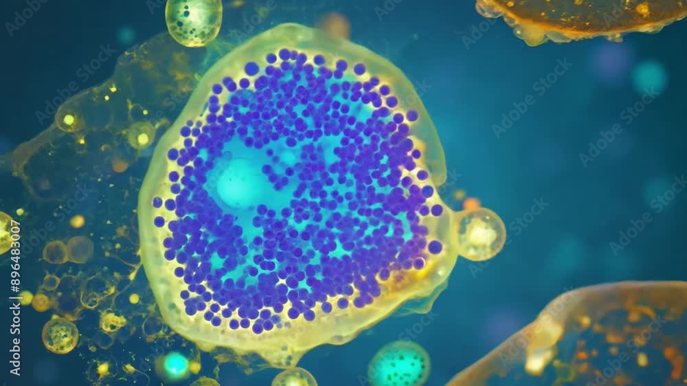 Leinwandbilder A microscopic view of a single cell with a large blue nucleus, surrounded by smaller cells of various colors.