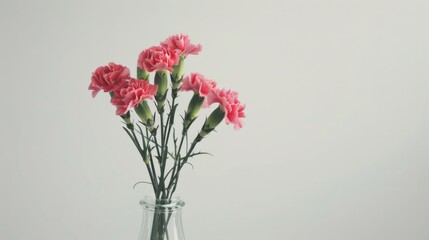 Fresh carnation flowers in vase on white background Minimalistic spring floral arrangement Text space available