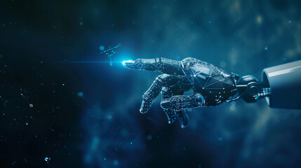 An artificial intelligence robot hand pointing a finger at a human point with a digital hologram on a dark blue background