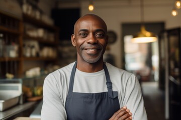 Fototapeta premium Smiling portrait of a confident middle aged male African American bartender