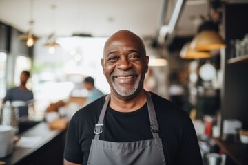 Obraz premium Smiling portrait of a confident middle aged male African American bartender