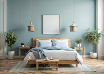 A single, large empty tag sign is centered on a light blue wall in a serene bedroom with white bedding and wooden accents, evoking calmness.