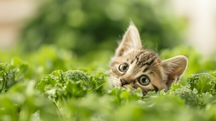 A curious kitten peeking through lush green leaves, capturing the essence of playfulness and nature's beauty in a vibrant scene.