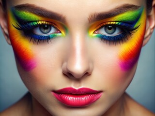 Naklejka premium Vibrant rainbow-colored eyelashes radiate from a pair of mesmerizing eyes, surrounded by soft, delicate skin, capturing the beauty of creativity and individuality in a whimsical display.