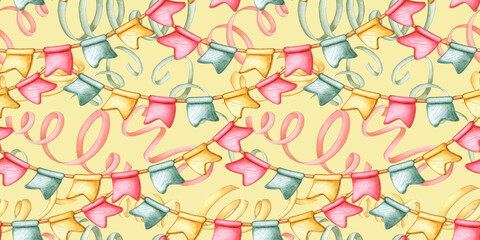 Flags and confetti in yellow, red and green colors, garland on a rope pattern on a yellow background watercolor illustration. For universal use in greetings, invitations, decoration and advertising.