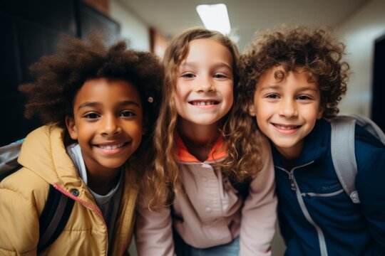 Portrait of diverse school kids in hallway