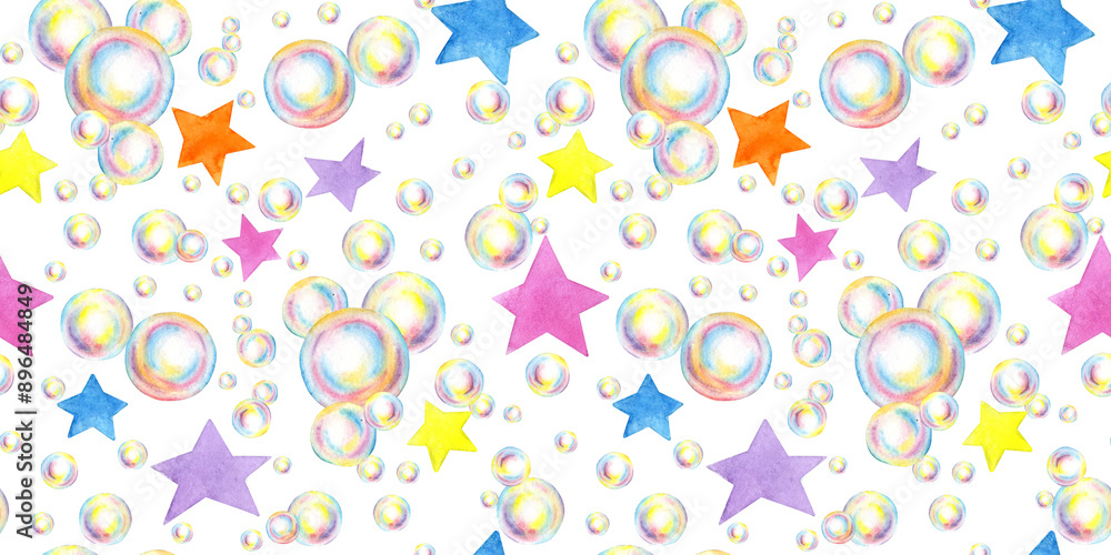 Wall mural rainbow soap bubbles made of foam with stars pattern watercolor illustration. summer toy symbol, bat