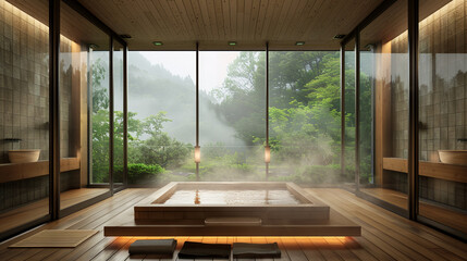 apanese onsen-style bathroom in a mountain retreat, wooden bathtub crafted from natural cedar