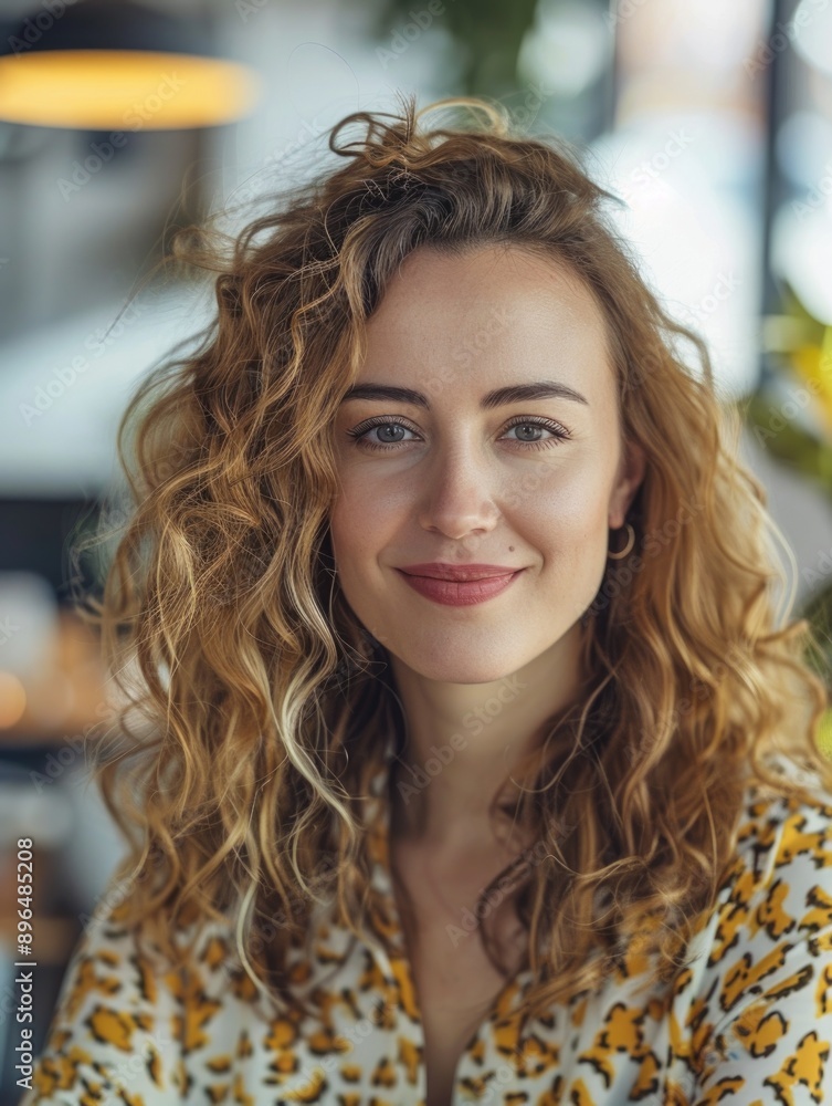 Wall mural A woman with curly hair wearing a leopard print shirt, suitable for editorial or commercial use in fashion or lifestyle contexts