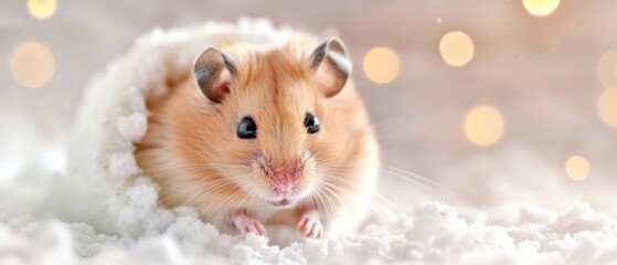 A cute hamster nestled in soft white bedding, creating a warm and cozy atmosphere with sparkling lights in the background.