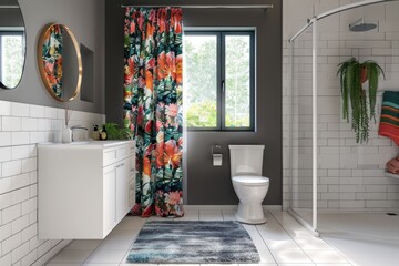 Grey walls white tile trim colorful shower curtain toilet sink cabinet Northwest US