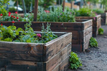 Raided beds in a urban garden growing plants