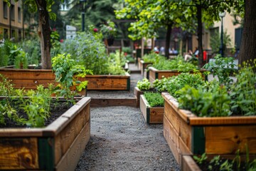Fototapeta premium Raided beds in a urban garden growing plants