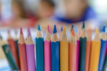 Close up of coloring pencils in a classroom