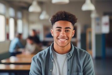 Fototapeta premium Smiling portrait of a young male student on college campus