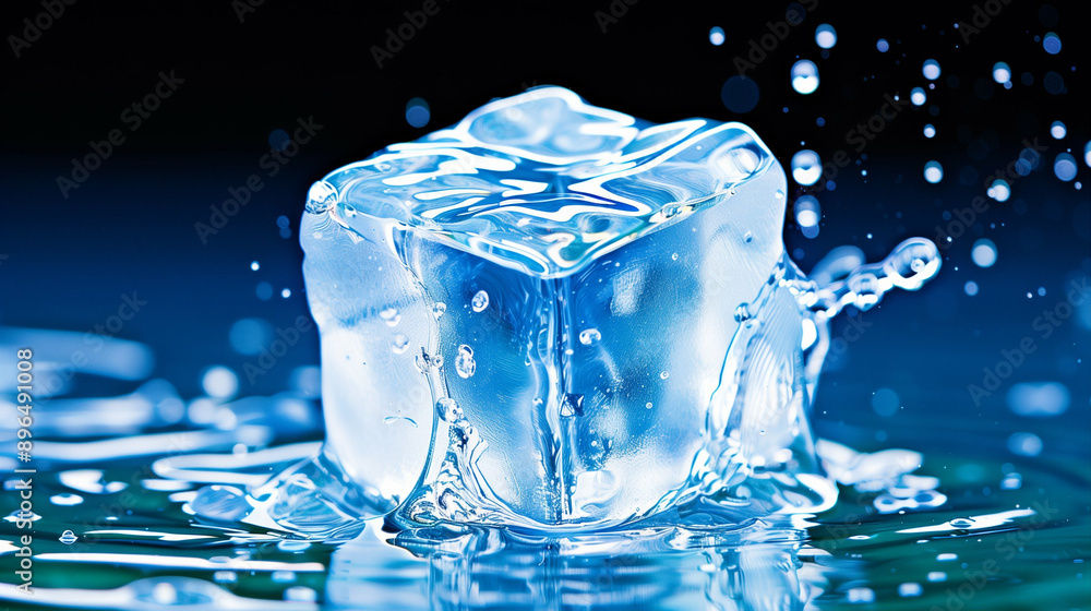 Poster ice cube in water splash with refreshing drink elements. crystal clear ice with water droplets creat
