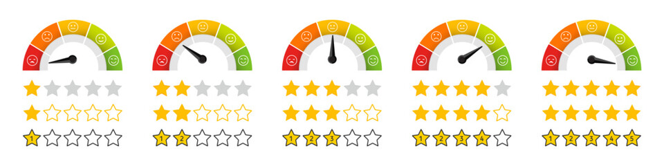 Rating scale of customer satisfaction. Speedometer icons with star rating. Feedback emoji. Five stars icon. Star rating feedback emoji icons. User review icon.