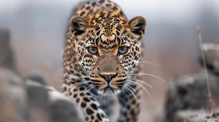 Fototapeta premium A majestic leopard prowling through its natural habitat, showcasing its stunning coat and piercing gaze.
