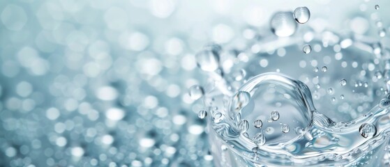 A mesmerizing splash of clear water creating beautiful droplets in a soft blue background, perfect for nature and freshness themes.