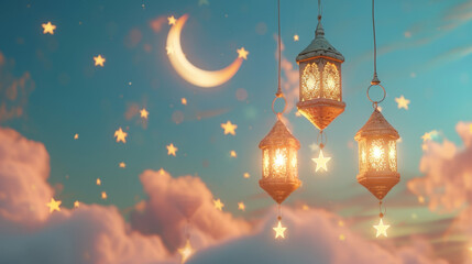 Fototapeta premium 3d rendering of hanging lantern with crescent moon and stars on cloud background for eid mubarak