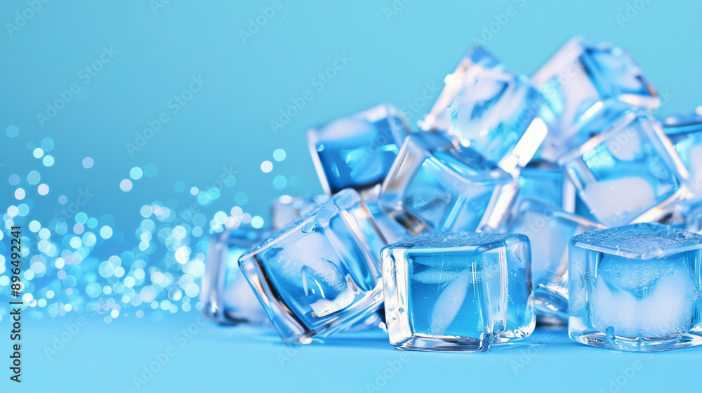 Poster ice cubes stacked on a blue background with sparkling lights. refreshing drinks with ice clear cubes