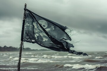 Ripped pirate flag in high winds with space for text