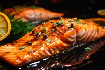 Close up of cooked salmon served in a restaurant